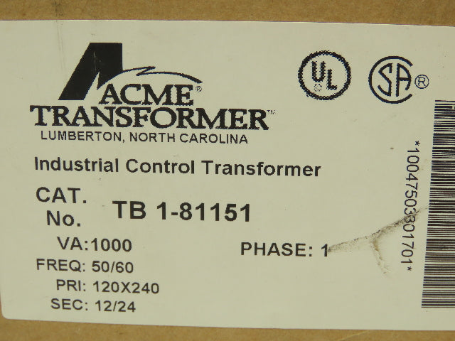 ACME Electric TB1-81151 Power Control Transformer 1.0KVA PRI 120X240 SEC 12/24V