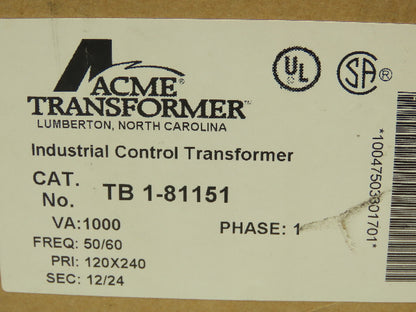 ACME Electric TB1-81151 Power Control Transformer 1.0KVA PRI 120X240 SEC 12/24V