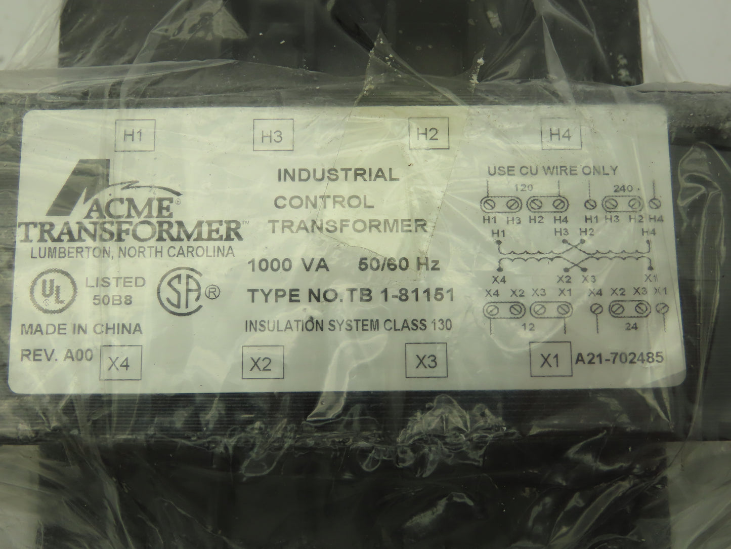 ACME Electric TB1-81151 Power Control Transformer 1.0KVA PRI 120X240 SEC 12/24V