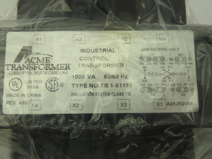 ACME Electric TB1-81151 Power Control Transformer 1.0KVA PRI 120X240 SEC 12/24V