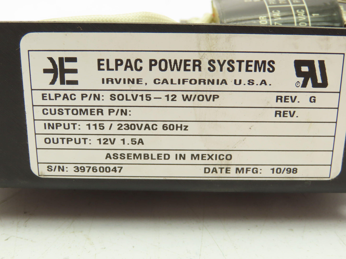 Elpac SOLV15-12 Power Supply 12VDC 1.5A - 115/230VAC  Lot of 2