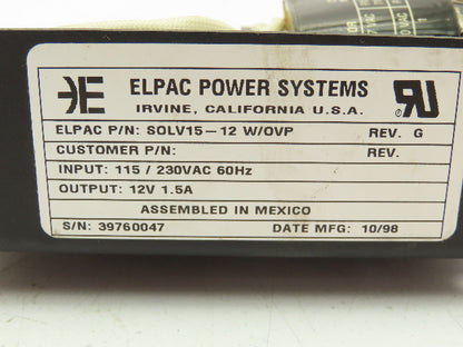 Elpac SOLV15-12 Power Supply 12VDC 1.5A - 115/230VAC  Lot of 2