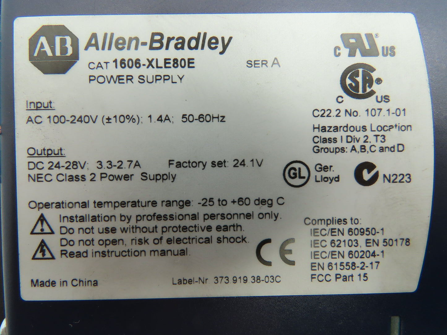 Allen Bradley 1606-XLE80E Power Supply 24-28VDC 3.3A Input 100-240VAC