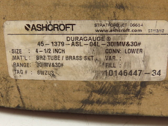 Ashcroft 45-1379-ASL-04L Duragauge 4.5" Pressure Gauge 30 PSI/In.Hg Vac 1/2" NPT