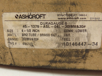 Ashcroft 45-1379-ASL-04L Duragauge 4.5" Pressure Gauge 30 PSI/In.Hg Vac 1/2" NPT