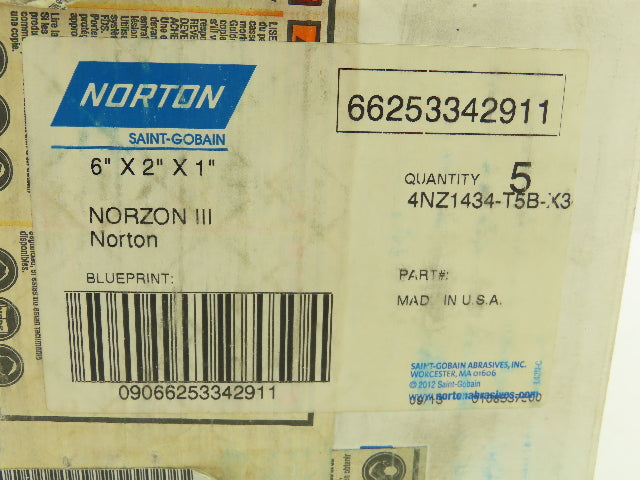 Norton 4NZ1434-T5B-X3 Norzon III 6x2x1" Grinding Wheel 6050 RPM  Lot of 5