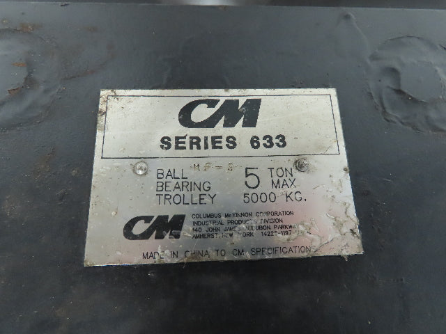 CM Series 633  5 Ton Plain Type Manual Push Trolley 4-5/8" to 8" Beam Flange