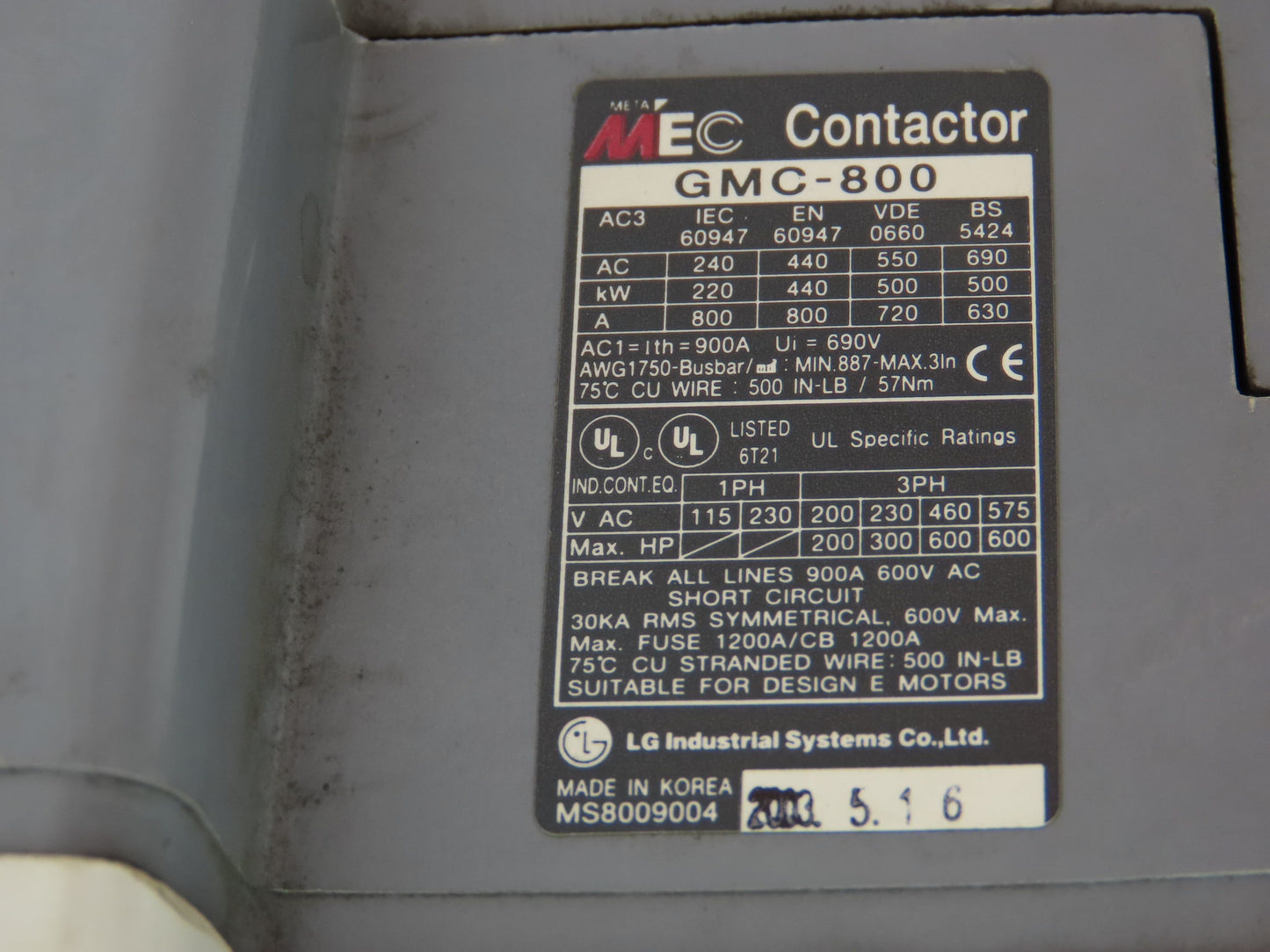 LG GMC-800 MEC Contactor IEC Motor Starter 840A 690V META 120V Coil
