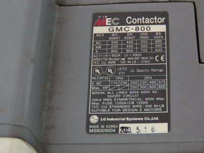 LG GMC-800 MEC Contactor IEC Motor Starter 840A 690V META 120V Coil