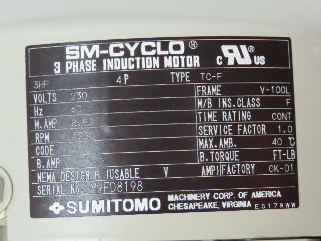 Sumitomo RNHM3-54R-30 HYPONIC Drive Gearmotor SM-Cyclo 3Hp 230V 3PH 30:1 Reducer