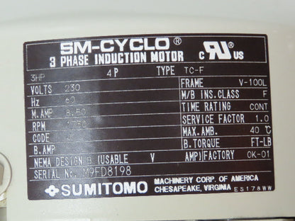 Sumitomo RNHM3-54R-30 HYPONIC Drive Gearmotor SM-Cyclo 3Hp 230V 3PH 30:1 Reducer