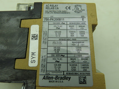 Allen Bradley 700-PK200B11 Relay Contactor Master Control AC Relay Direct Drive