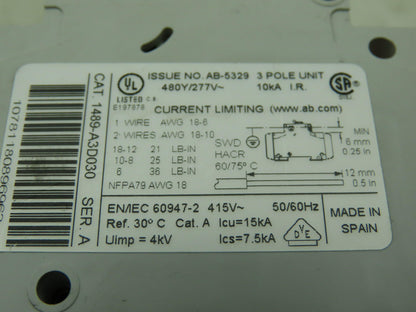 Allen Bradley 1489-A3D030 Circuit Breaker 3A 3 Pole 480Y/277 VAC Ser A Lot of 3