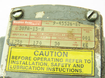 Boston Gear 309A15H Gearbox Reducer 15:1 Ratio .170Hp 30 lb-In RH