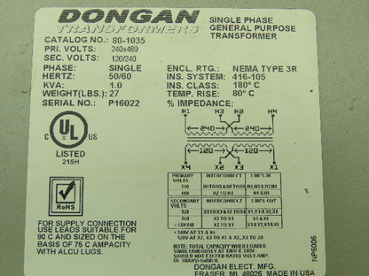 Dongan 80-1035 Control Transformer 1KVA HV 240/480V LV 240/120V Single Phase