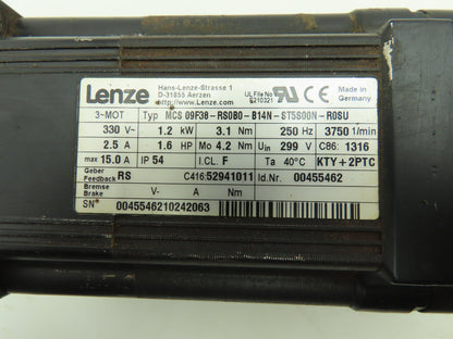 Lenze MCS 09F38-RS0B0-B14N-ST5S00N-R0SU AC Servo Motor 1.2kw 3.1Nm 330V 3750 RPM