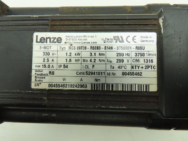 Lenze MCS 09F38-RS0B0-B14N-ST5S00N-R0SU AC Servo Motor 1.2kw 3.1Nm 330V 3750 RPM