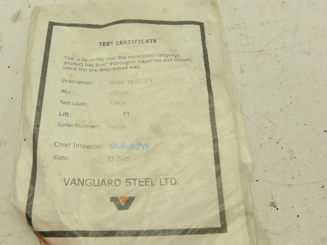 Vanguard VPT-05  1/2 Ton 1000Lb Manual Push Trolley 2.5-5.5" Beam Flange
