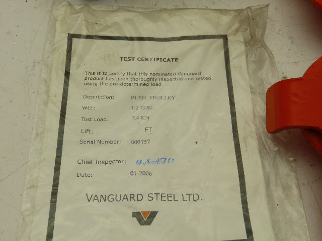 Vanguard VPT-05  1/2 Ton 1000Lb Manual Push Trolley 2.5-5.5" Beam Flange