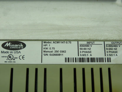 Minarik ACM114T-0.75 VFD Variable Frequency Drive 1HP 0.75Kw 480V 3Ph 2.1A