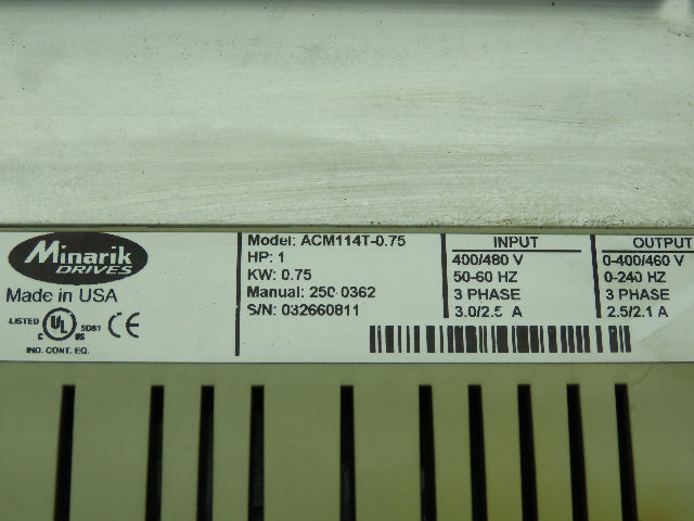 Minarik ACM114T-0.75 VFD Variable Frequency Drive 1HP 0.75Kw 480V 3Ph 2.1A