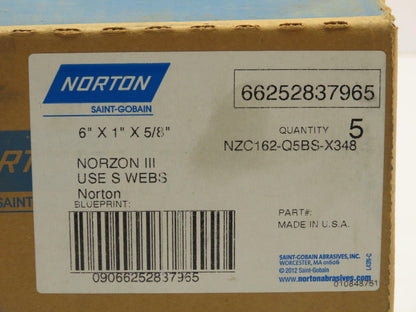 Norton NZC162Q5BS-X348 Grinding Wheel 6"x 1"x5/8" Lot of 5