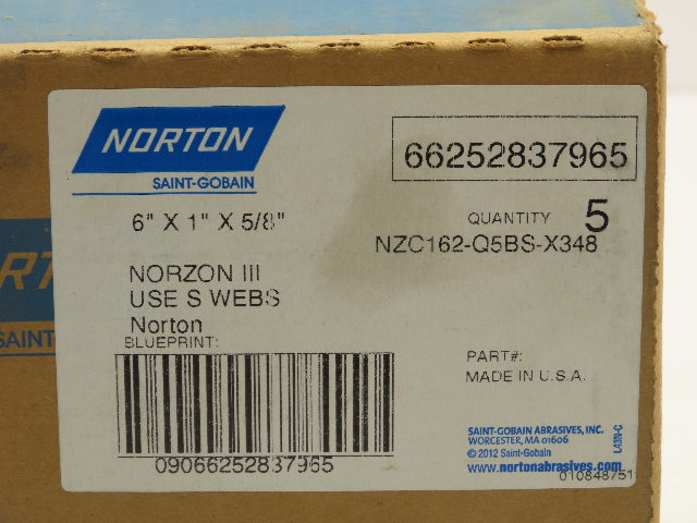 Norton NZC162Q5BS-X348 Grinding Wheel 6"x 1"x5/8" Lot of 5