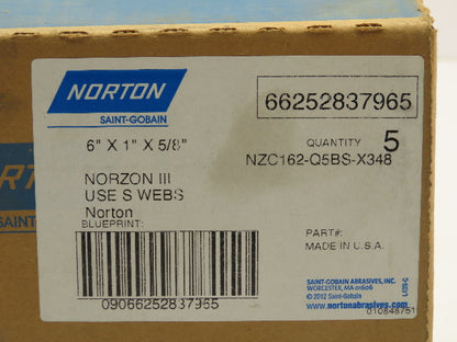 Norton NZC162Q5BS-X348 Grinding Wheel 6"x 1"x5/8" Lot of 5