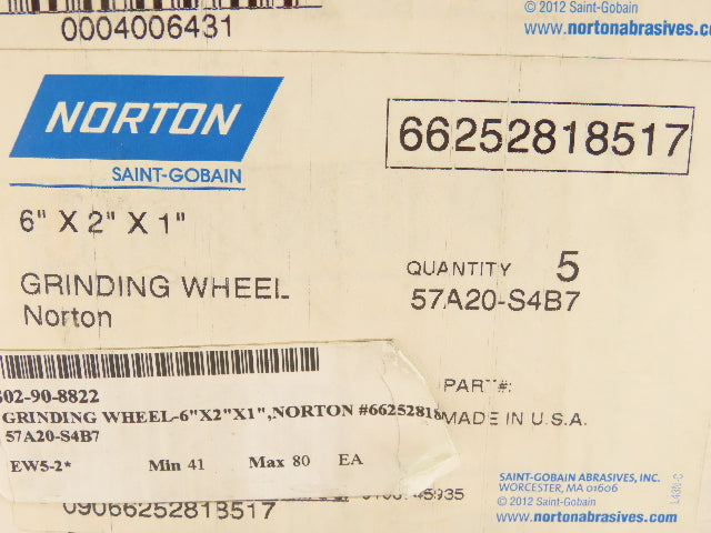 Norton  57A20-S4B7  6x2x1" Grinding Wheel 6050 RPM Lot of 5