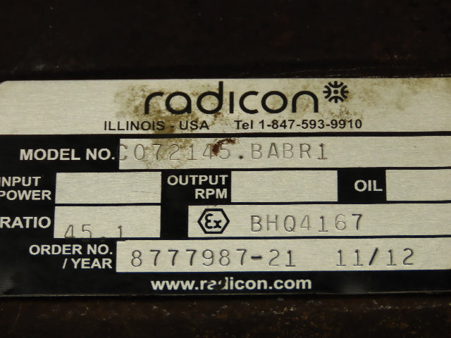 Radicon C072145.BABR1 Helical Worm Gearbox 45:1 Reducer 39 RPM 182/184T RH