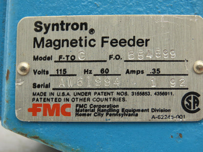 Syntron F-T0C Magnetic Vibrating Lab Chute Feeder 2x8" Pan Trough 115V F-Series
