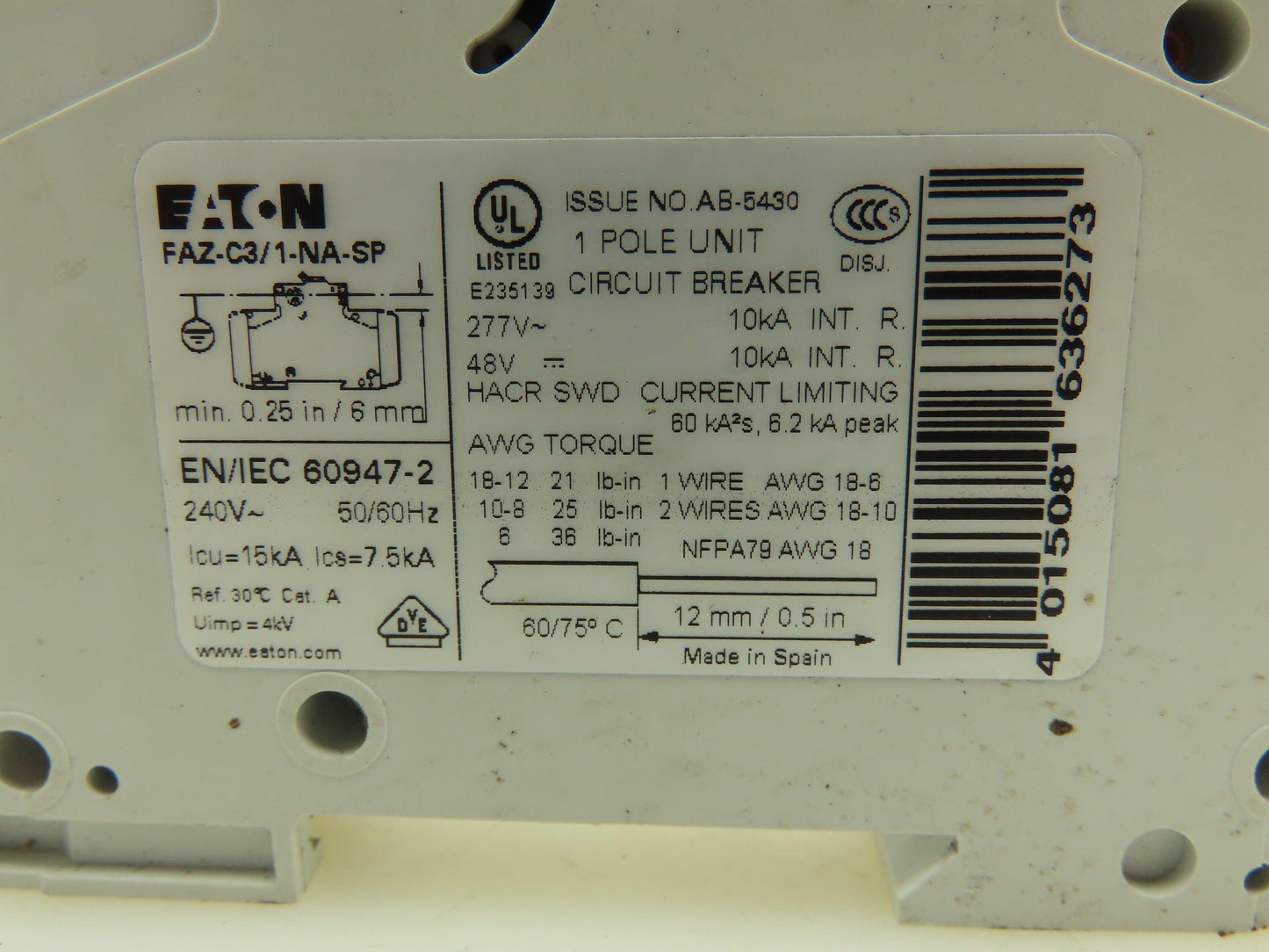 Eaton FAZ-C3/1-NA Miniature Circuit Breaker 3A 277AC 48VDC Lot of 2