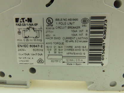 Eaton FAZ-C3/1-NA Miniature Circuit Breaker 3A 277AC 48VDC Lot of 2