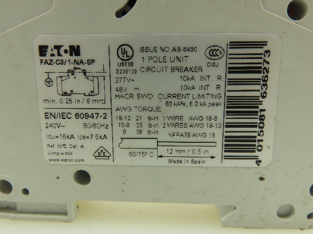 Eaton FAZ-C3/1-NA Miniature Circuit Breaker 3A 277AC 48VDC Lot of 2
