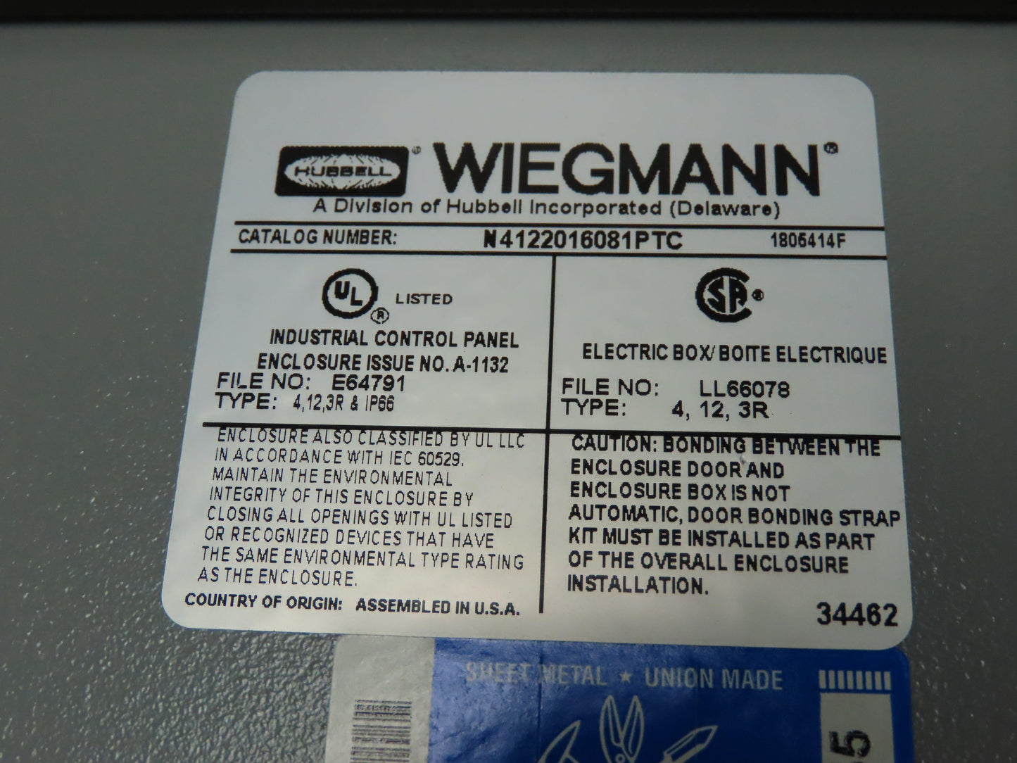 Wiegmann N4122016081PTC Electrical Enclosure 20x16x8" Locking Latch Wall Mount
