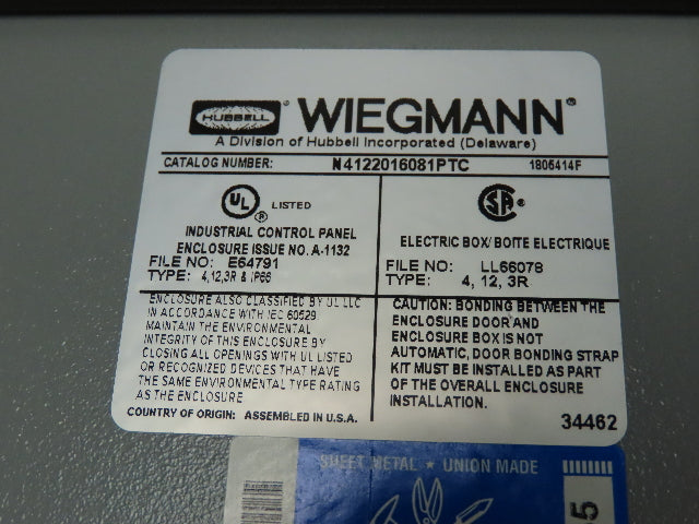 Wiegmann N4122016081PTC Electrical Enclosure 20x16x8" Locking Latch Wall Mount