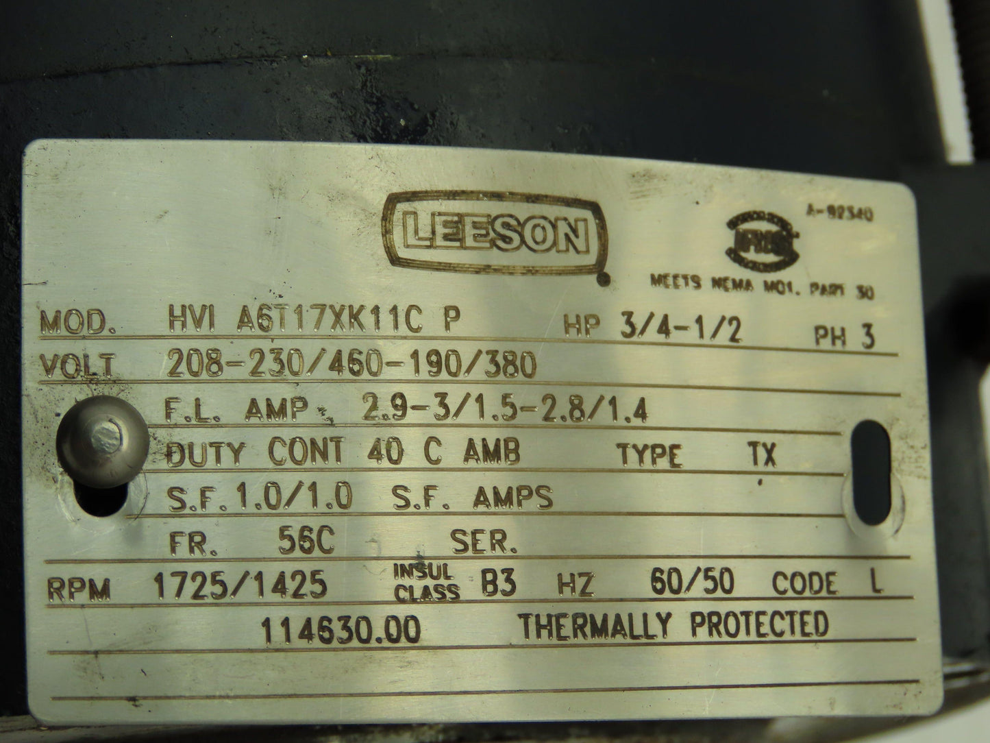 Leeson HVI A6T17XK11C Electric Motor 3/4HP 3Ph 230/460V 56C 1725 RPM Hazardous