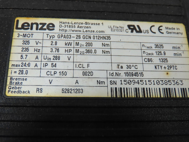 Lenze GPA03-2S Servo Motor Planetary Gear Motor 325V 2.8Kw 3.76Hp