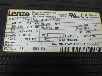 Lenze GPA03-2S Servo Motor Planetary Gear Motor 325V 2.8Kw 3.76Hp
