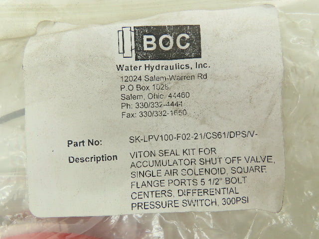 BOC Water Hydraulics SK-LPV100-F02-21/CS61/DPS/V Viton Seal Kit Valve Rebuild