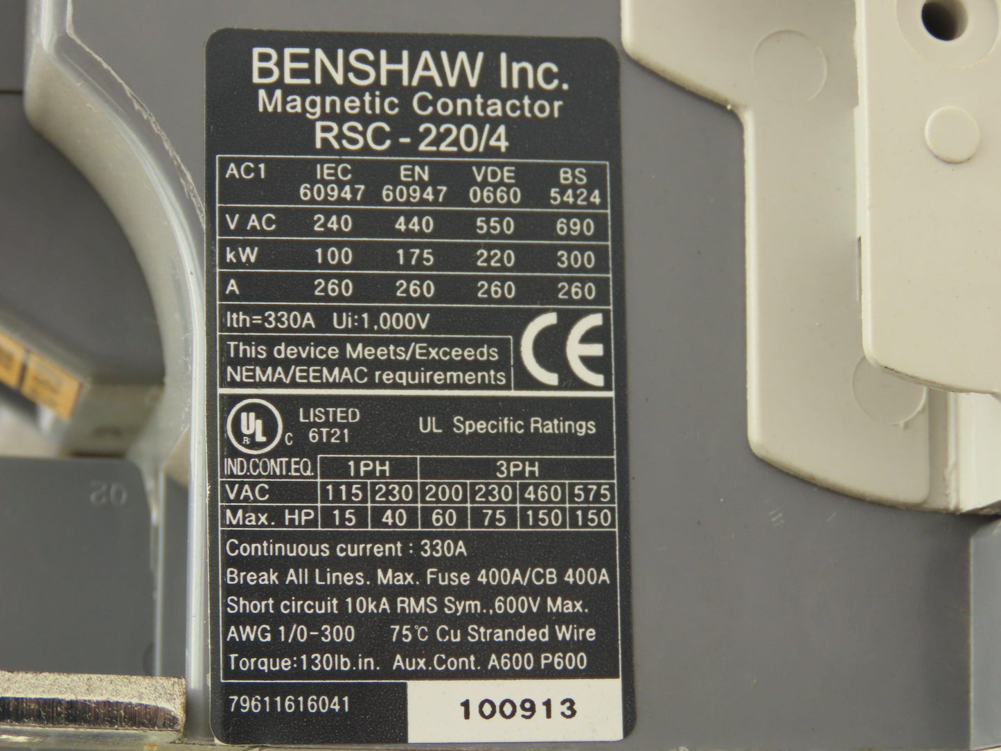 Benshaw RSC-220/4-U-120 Magnetic 4-Pole Contactor 260A 600V 3PH 120V Coil