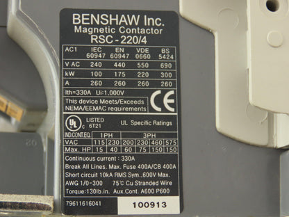 Benshaw RSC-220/4-U-120 Magnetic 4-Pole Contactor 260A 600V 3PH 120V Coil