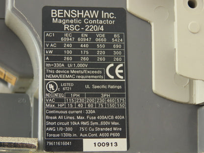 Benshaw RSC-220/4-U-120 Magnetic 4-Pole Contactor 260A 600V 3PH 120V Coil