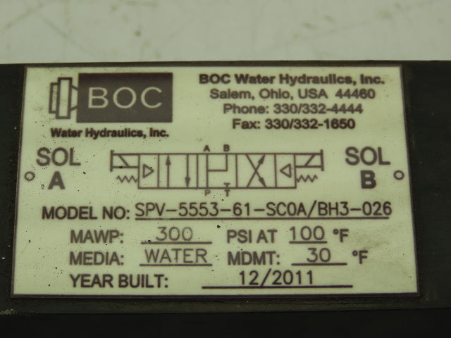 BOC Water Hydraulics Ross Solenoid Spool Valve Block 5 Port 2 Pos Pneumatic