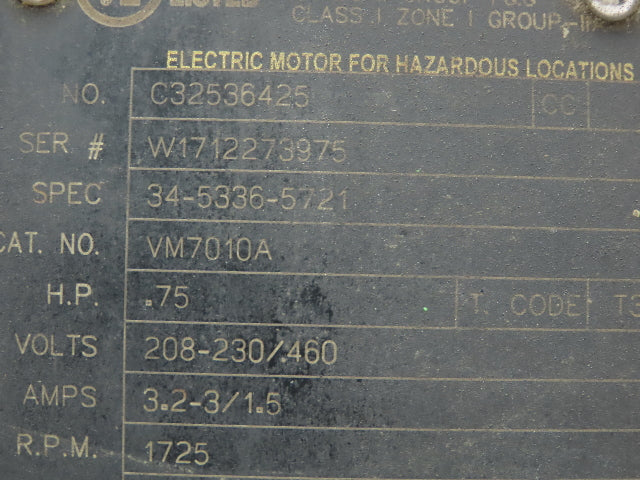 Baldor VM7010A Electric Motor 3/4 HP 1725RPM 3Ph 230/460V 56C Hazardous Location