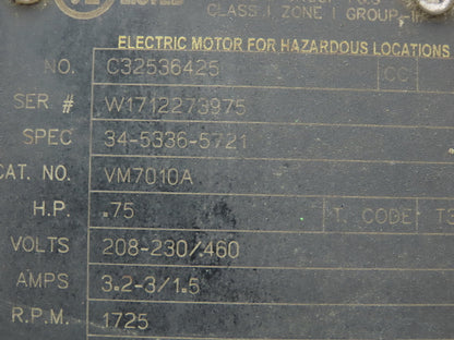 Baldor VM7010A Electric Motor 3/4 HP 1725RPM 3Ph 230/460V 56C Hazardous Location