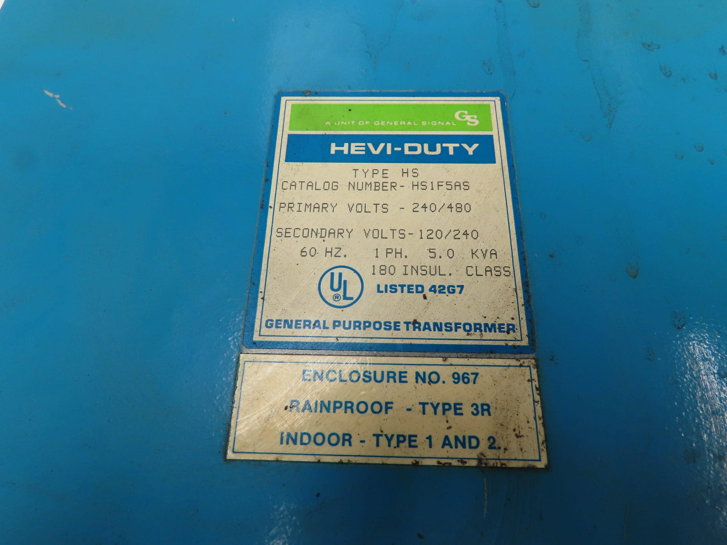 General Signal HS1F5AS Hevi-Duty Transformer 5KVA 240/480V -120/240V 1PH Type 3R
