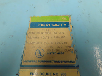 General Signal HS1F3AS Hevi-Duty Transformer 3KVA 240/480V -120/240V 1PH Type 3R