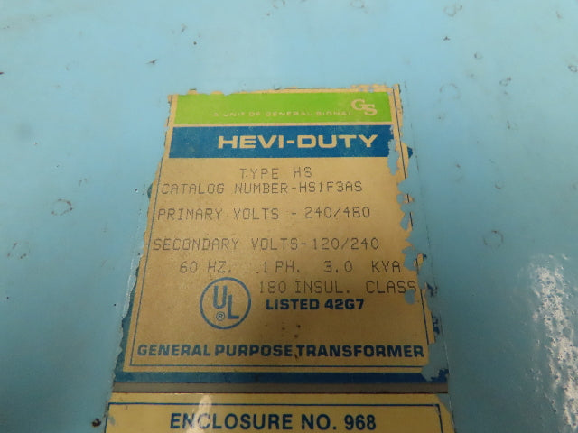 General Signal HS1F3AS Hevi-Duty Transformer 3KVA 240/480V -120/240V 1PH Type 3R