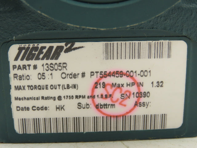 Dodge 13S05R Tigear 2 Worm Gearbox Reducer 5:1 Ratio 1.3Hp 350 RPM RH Output
